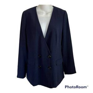 NWOT J CREW SIZE 2 NAVY FRENCH GIRL COLLARLESS DOUBLE BREASTED BLAZER